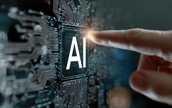 Finger touching AI on circuit board photo