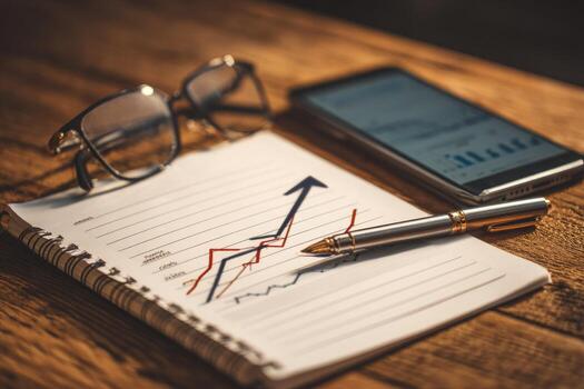 gráficos, computadora portátil, anteojos, teléfono, bolígrafo en un de madera mesa foto