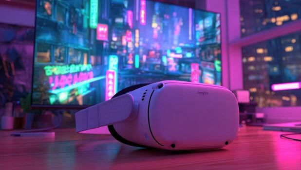 VR headset on a desk in front of a game display photo