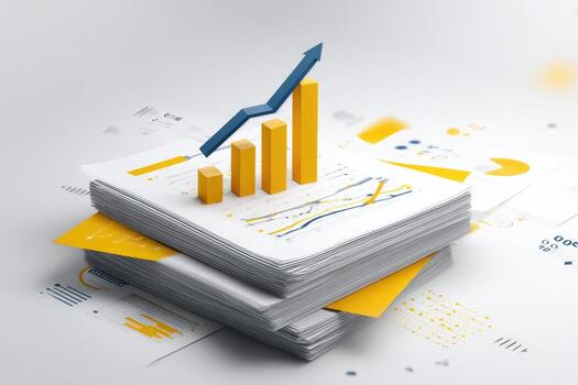 Stack of documents with a 3D bar graph showing growth photo
