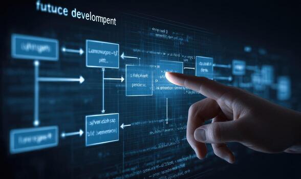 Hand touching interactive flowchart on a dark screen photo