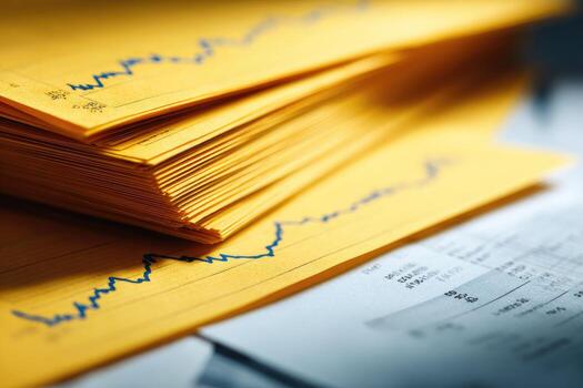 Stack of yellow financial documents, showing graphs and charts photo