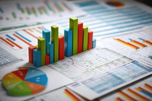 Colorful bar graph model atop various financial charts photo