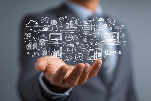 Hand holding a floating, sketched business concept photo