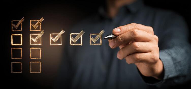 Person marking checkboxes on a dark background photo
