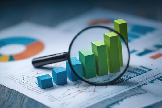 Magnifying glass focusing on ascending bar graph amidst financial charts photo