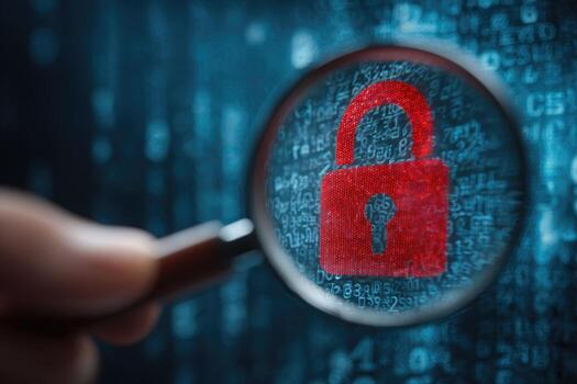 Magnifying glass focusing on a red padlock icon amidst digital code photo