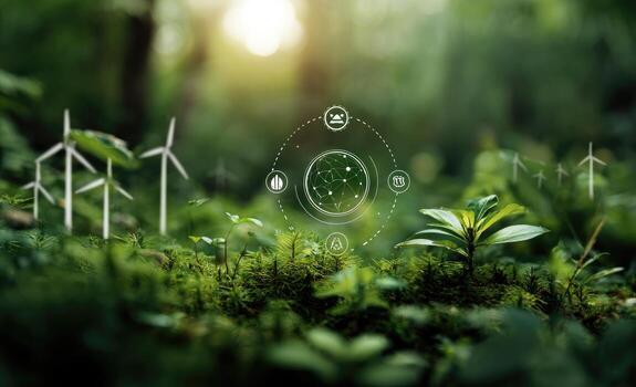 lozano bosque piso con viento turbinas y futurista interfaz foto