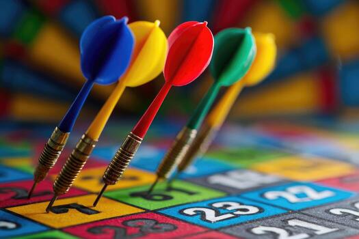 Colorful darts stuck in a dartboard photo