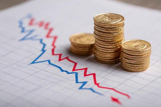 Stacks of gold coins atop a graph showing downward trends photo