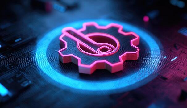 3D gear icon with wrench, glowing on circuit board photo