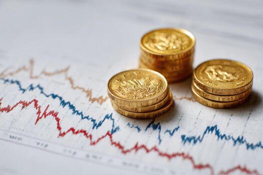 Gold coins atop a graph with declining lines photo