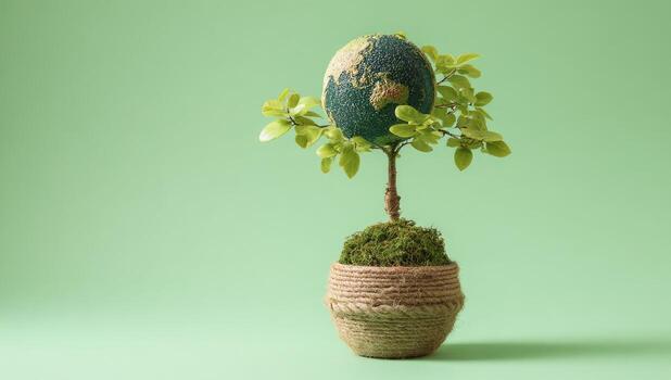 Earth-shaped globe atop a small tree in a woven pot, against a light mint green background photo