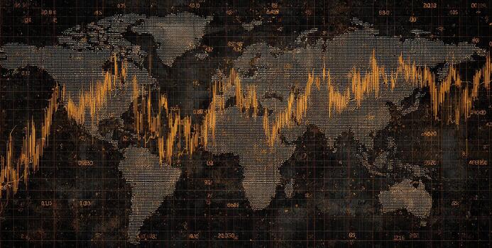 World map overlaid with fluctuating, orange financial charts photo