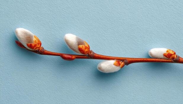 Close-up of a willow branch with buds against a light blue background photo