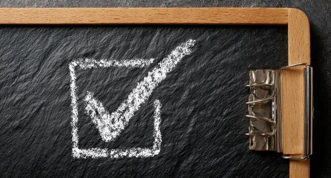 tiza marca de verificación en caja en oscuro pizarra tablero foto