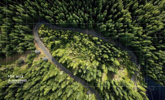 An aerial view of a forest with trees and a road photo