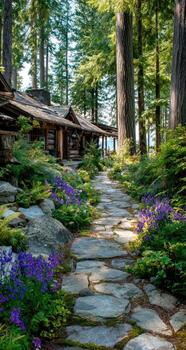 Rustic log cabin nestled in a lush forest, stone pathway winds through vibrant gardens photo