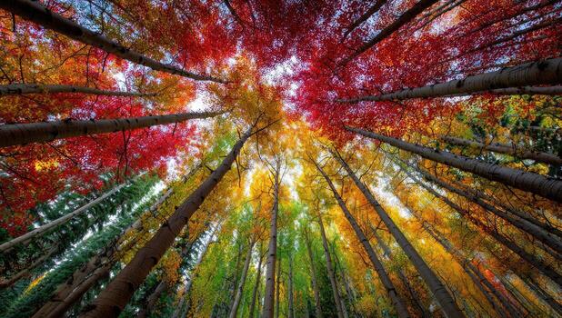 Autumn canopy, vibrant colors, looking up at trees photo