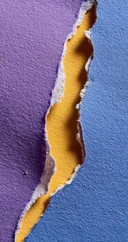 A torn piece of paper with a yellow and blue color photo