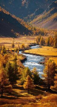 A river running through a field with trees and grass photo