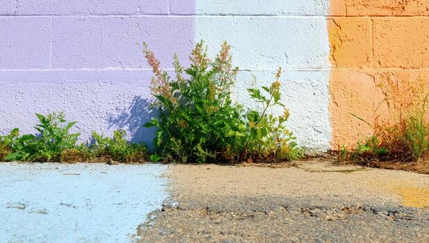 A colorful wall with plants growing in front of it photo