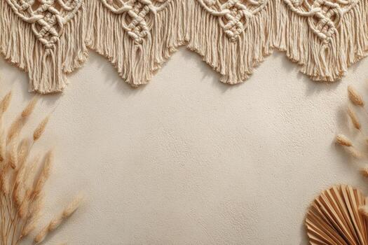 A macrame border with some wheat and a leaf photo