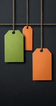 Three green and orange paper tags hanging on a rope photo
