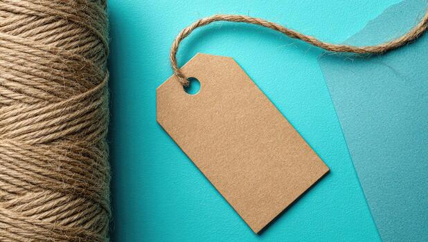 A roll of twine and a brown paper tag on a blue background photo