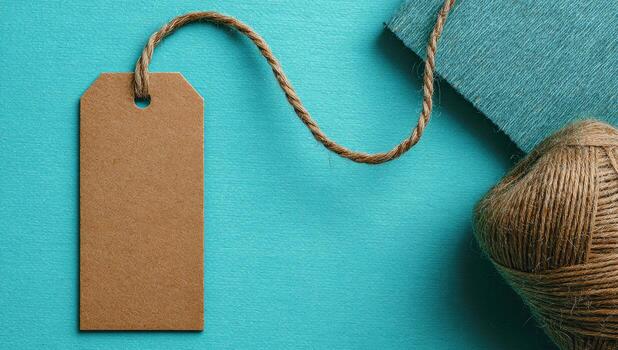 A brown paper tag with a yarn ball and a book on a blue background photo