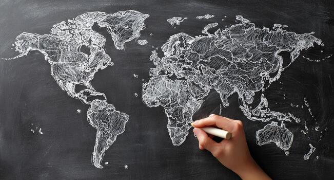 Hand drawing world map on blackboard photo