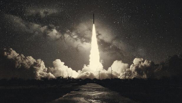 A rocket is launched into the sky with clouds in the background photo