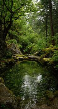A pond surrounded by trees and rocks photo
