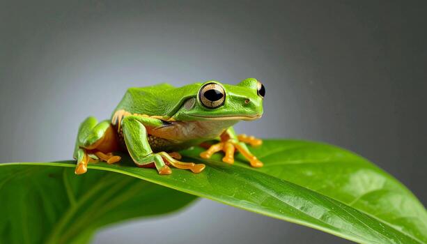 Tree frog placed on a fresh leaf in a controlled studio setup Background photo