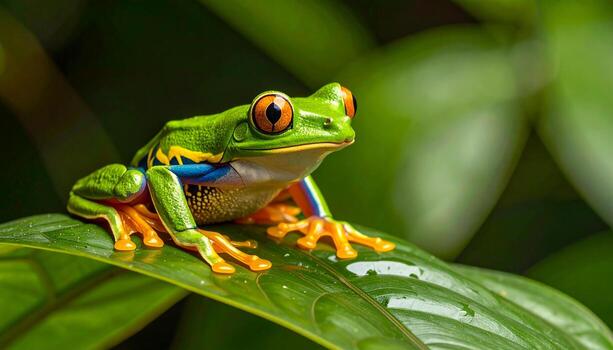 Tree frog placed on a fresh leaf in a controlled studio setup AI backdrop photo