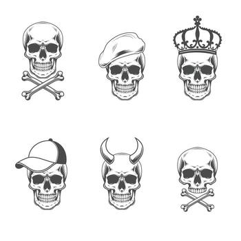 un conjunto de cráneo íconos con sombreros, sombreros, y coronas vector