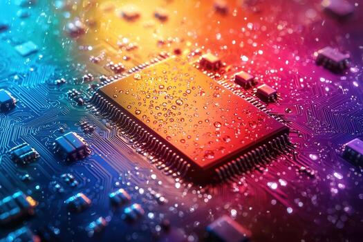 Close-up of a microchip on a colorful circuit board with water droplets and vibrant lighting photo