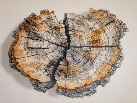 Cross-section of a weathered tree trunk displaying growth rings and natural aging patterns photo