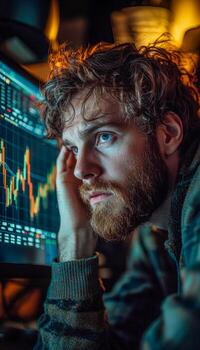 Man analyzing financial data on a computer screen with stock market graphs during nighttime photo
