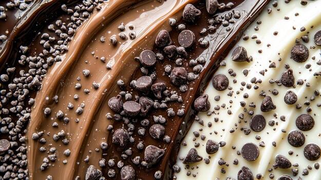 Close-up of different flavored chocolate spreads with cocoa nibs and chocolate chips photo
