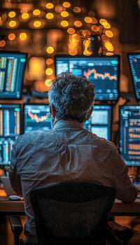 Stock trader analyzing financial data on multiple screens in a dimly lit office photo