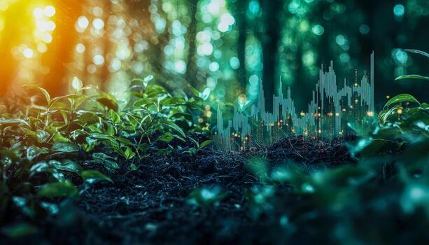 Fertile young plants in a sunlit forest with digital data overlay, symbolizing data-driven growth and nature technology integration photo