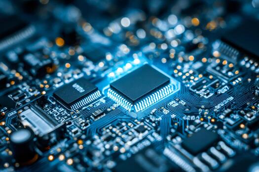 Close-up of a computer circuit board with illuminated components and microchips photo