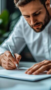 Man writing notes on a notepad with a pen in a modern workspace photo