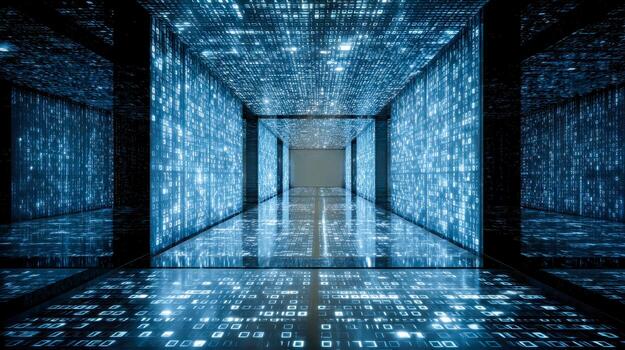 Futuristic digital corridor with glowing binary code projections photo