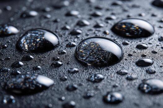 Close-up of water droplets with reflective surfaces showcasing intricate light patterns on a dark textured background creating a mesmerizing abstract effect photo