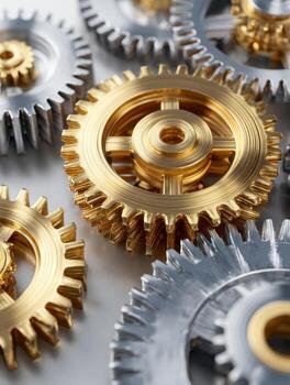 Close-up view of interlocking metallic gears in gold and silver, symbolizing intricate machinery, engineering precision, and innovative mechanical systems photo