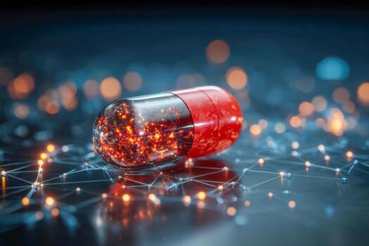 rojo cápsula con brillante interconectado partículas representando avanzado tecnología innovación y futurista conceptos en medicina y digital redes foto