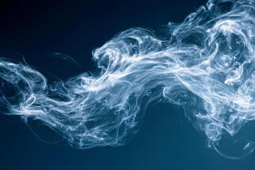Abstract swirling white smoke patterns gracefully flowing against a dark blue background creating an ethereal and mysterious atmosphere in artistic composition photo