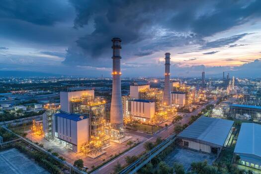 Industrial power plant with smokestacks and illuminated structures at dusk photo